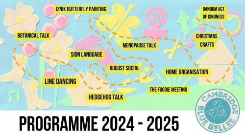 Colorful graphic displaying the Cambridge Blue Belles program for 2024-2025, featuring event titles like 'Iznik Butterfly Painting', 'Botanical Talk', and 'Menopause Talk' against a playful background.
